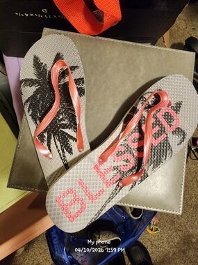 Blissed Palm Tree Flip Flops with Coral Straps
